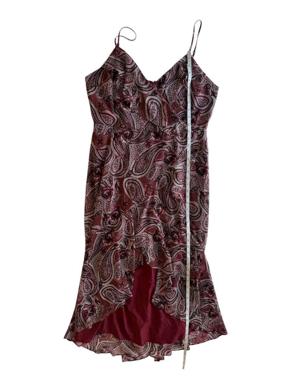 Express Paisley Ruffle Maxi Dress Red Ruffle V-Neck Spaghetti Strap Large - Picture 10 of 15